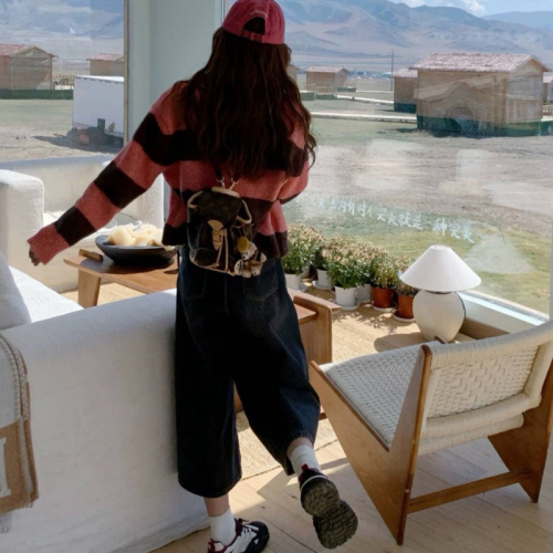 Two-color lazy striped sweater cardigan loose versatile short coat