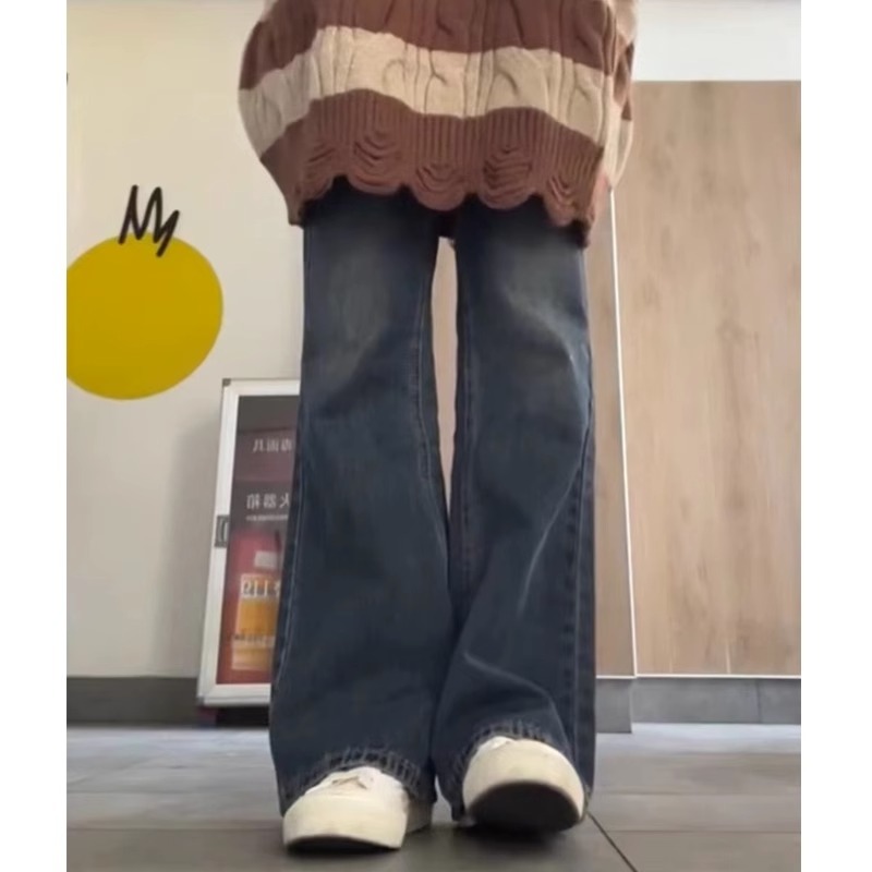 Autumn and winter fat mm large size retro high-waist micro-flare jeans women's loose Korean style slimming wide-leg floor-length pants