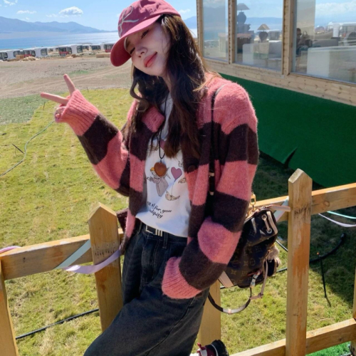 Two-color lazy striped sweater cardigan loose versatile short coat