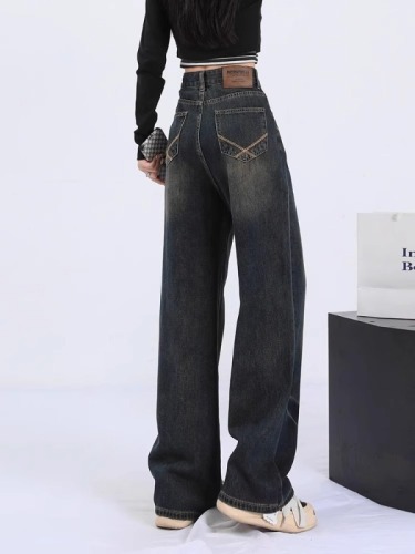 Retro high-waisted wide-leg jeans for women in autumn new style small American high street straight pants