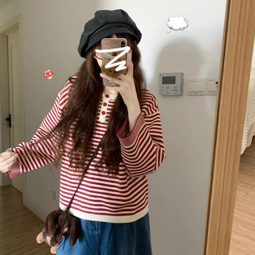 Lazy Feeling Red Striped Color Block Knit Top Autumn Outfit Loose Women's Sweater 2024 New Arrival