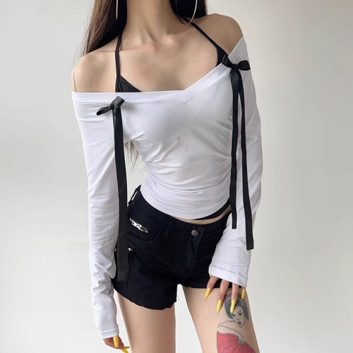 40 count pure cotton bow halter fake two-piece spliced ​​V-neck long-sleeved T-shirt bottoming top