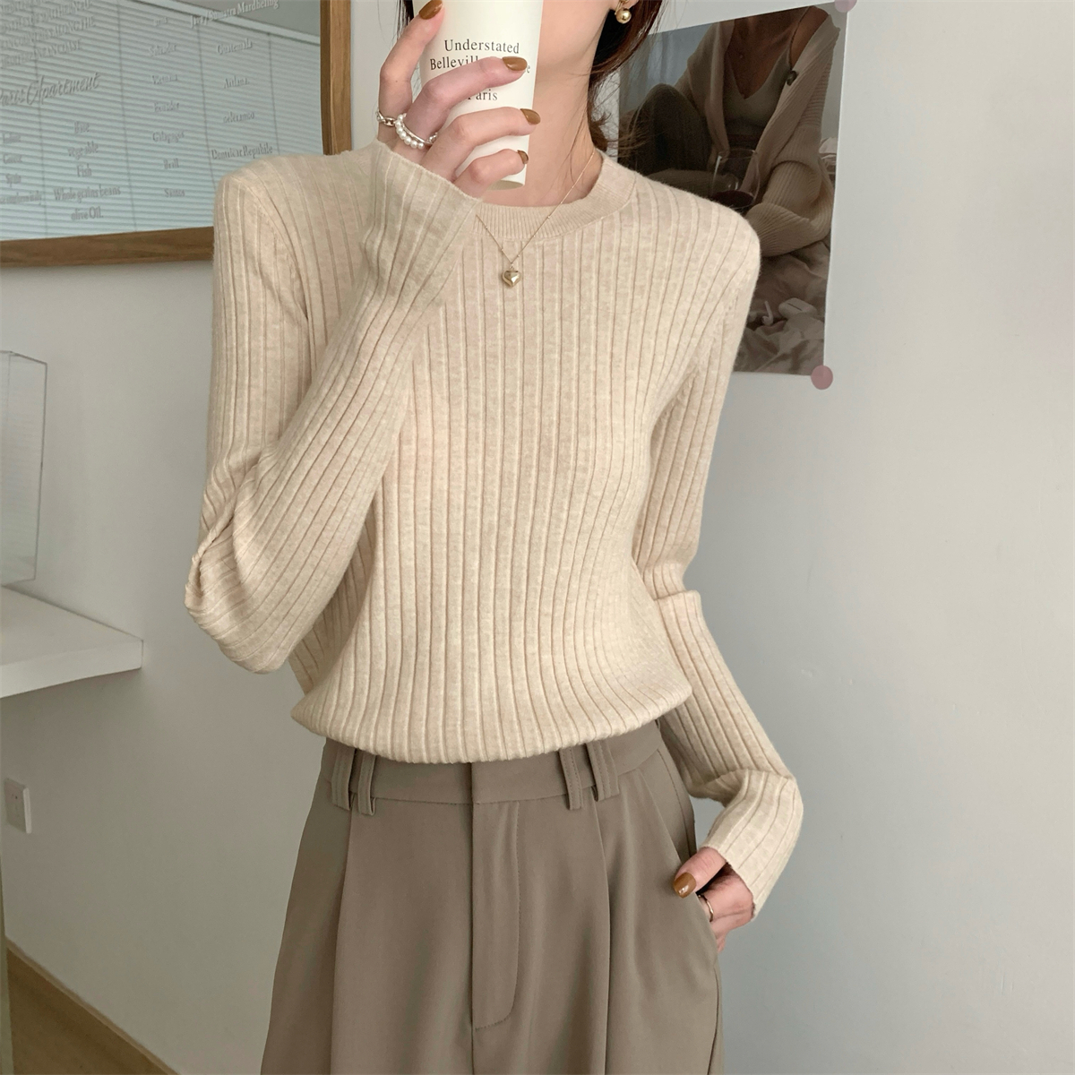 Actual shot of autumn and winter Korean style round neck slim fit, simple and versatile Andy velvet sweater bottoming long-sleeved sweater