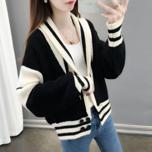 Korean autumn and winter chic contrasting color baseball uniform V-neck large cuffed long-sleeved loose thickened sweater jacket