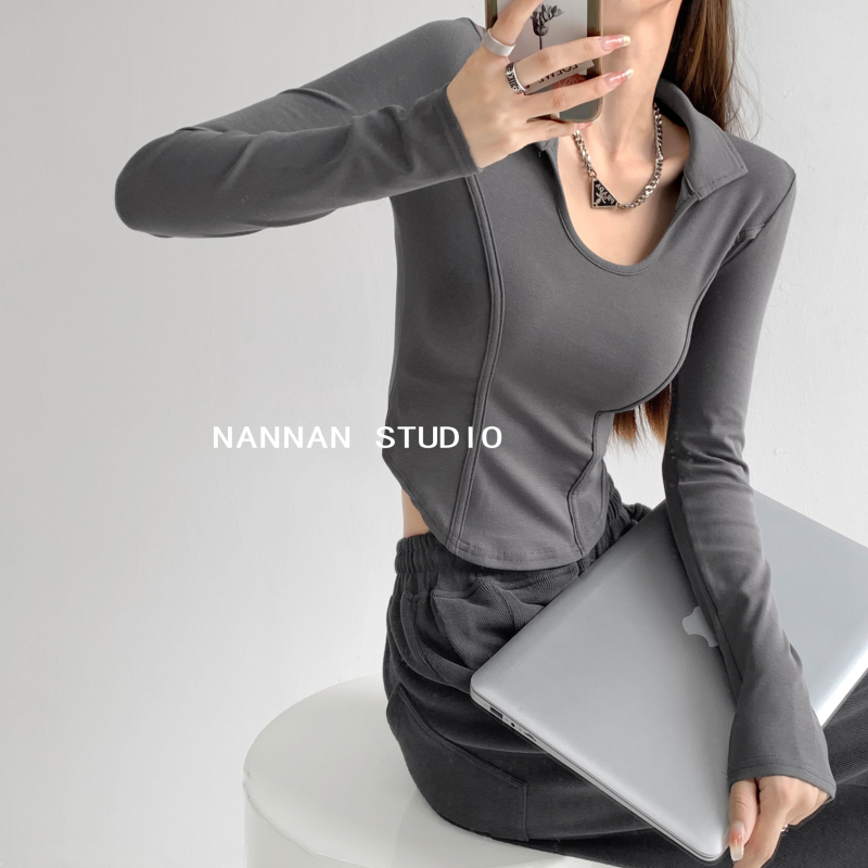 Fishbone tight waist hot girl bottoming shirt women's slim lapel long-sleeved T-shirt short slimming top