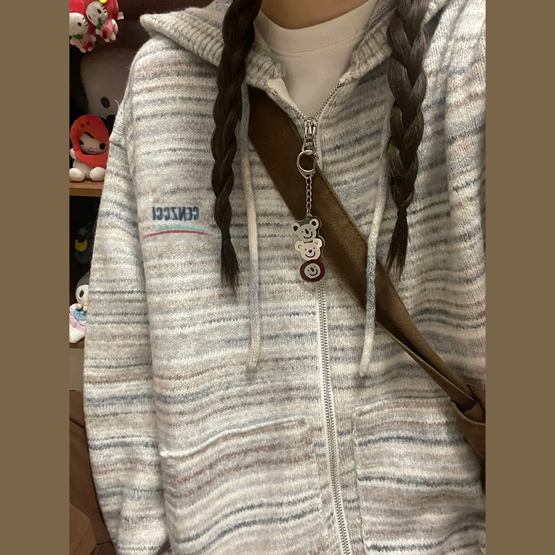 New Japanese style lazy retro sweater coat autumn and winter women's Korean style striped hooded knitted cardigan