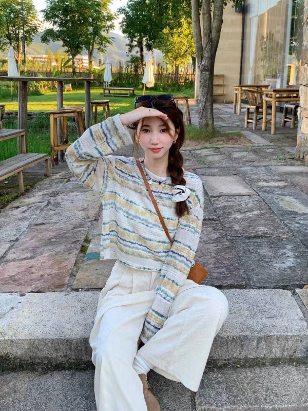 Hollow lazy smudged sweater women's long-sleeved striped cropped top