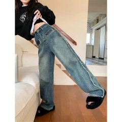 Large size retro loose plus velvet thickened jeans for women fat mm autumn and winter high waist straight wide leg pants trendy floor mopping pants