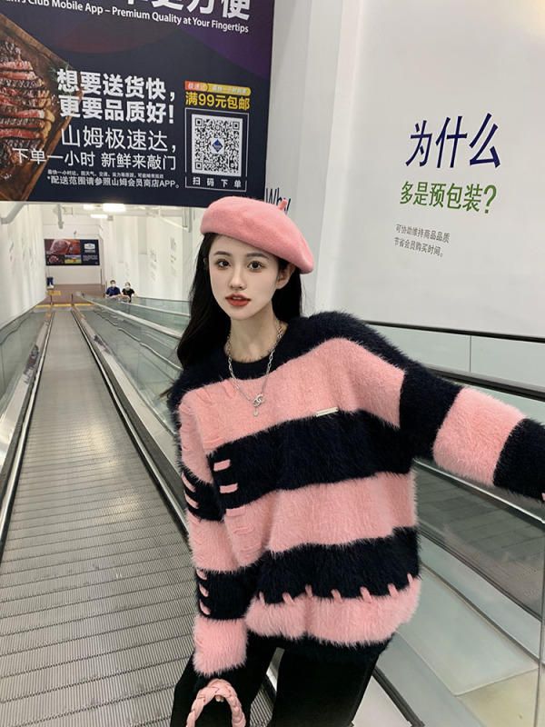 Spot wide striped mink velvet sweater women's loose design furry thickened sweater top