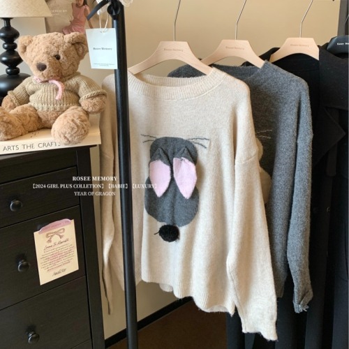 Real shot ~ Casual lazy style long-sleeved round neck three-dimensional rabbit knitted sweater autumn and winter loose slimming top