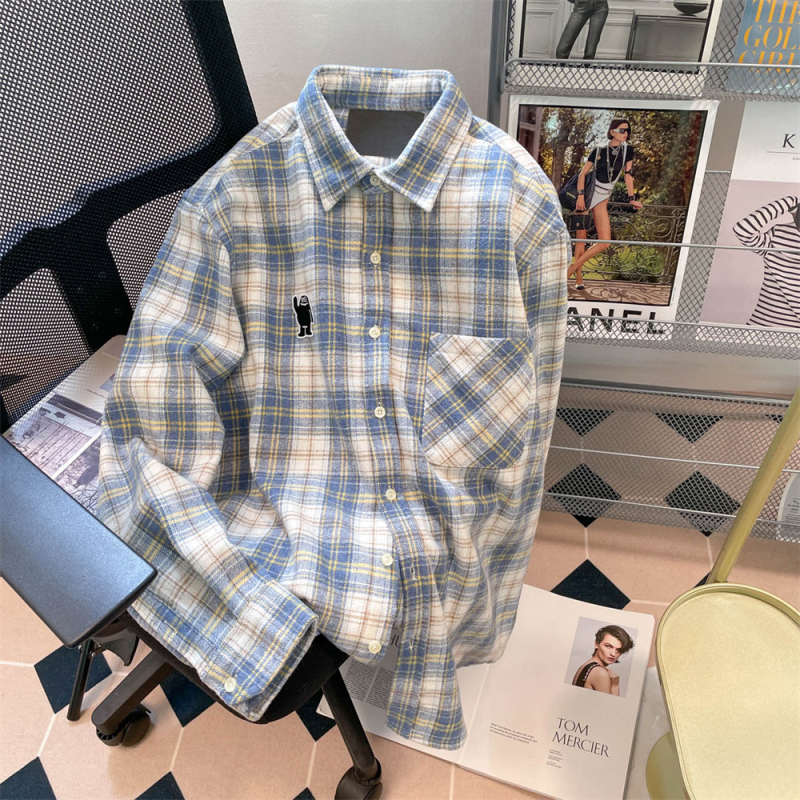 Korean ins Hong Kong style retro striped long-sleeved shirts for men and women in spring and autumn design cartoon embroidered shirt jackets