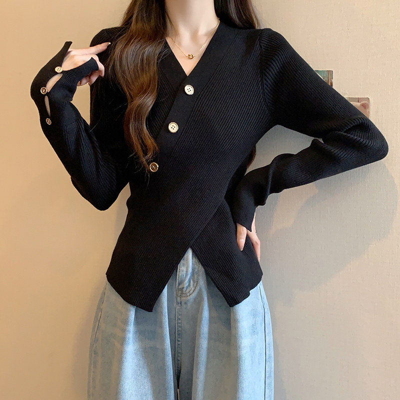 Plus size fat mm sweater women's design v-neck French top women's autumn long sleeves