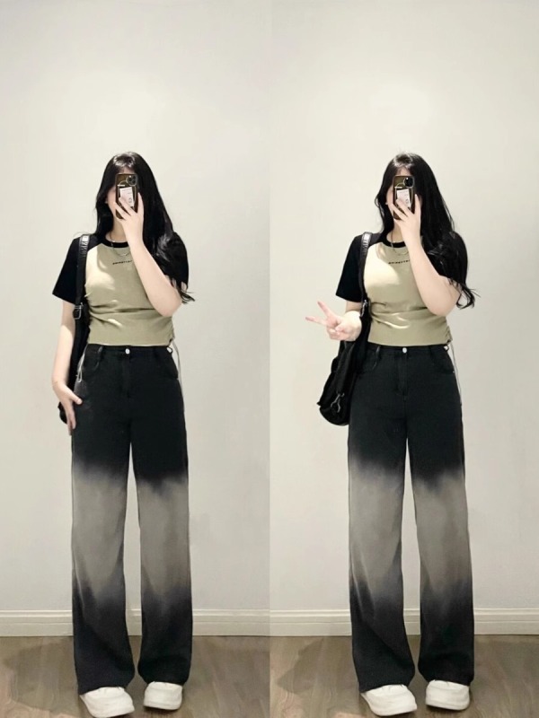 American gradient washed jeans for women spring and autumn new loose Korean version slimming high waist straight wide leg pants