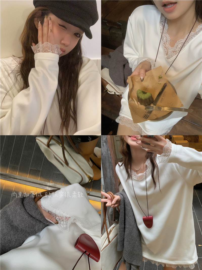 Photographed Autumn/Winter Layering V-neck Lace Edge Fleece T-shirt