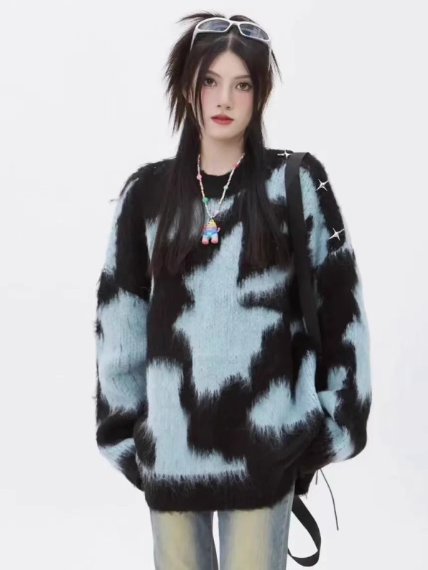 Lazy style tie-dye pullover knitted sweater for women in autumn and winter new loose slimming mink velvet temperament top