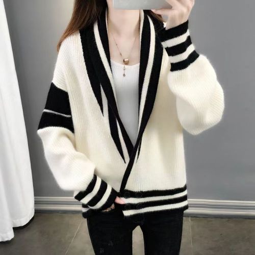 Korean autumn and winter chic contrasting color baseball uniform V-neck large cuffed long-sleeved loose thickened sweater jacket