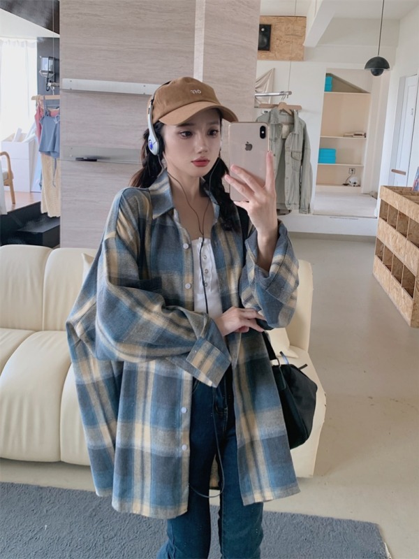 Large size American retro autumn plaid shirt women's long-sleeved loose lazy style shirt jacket