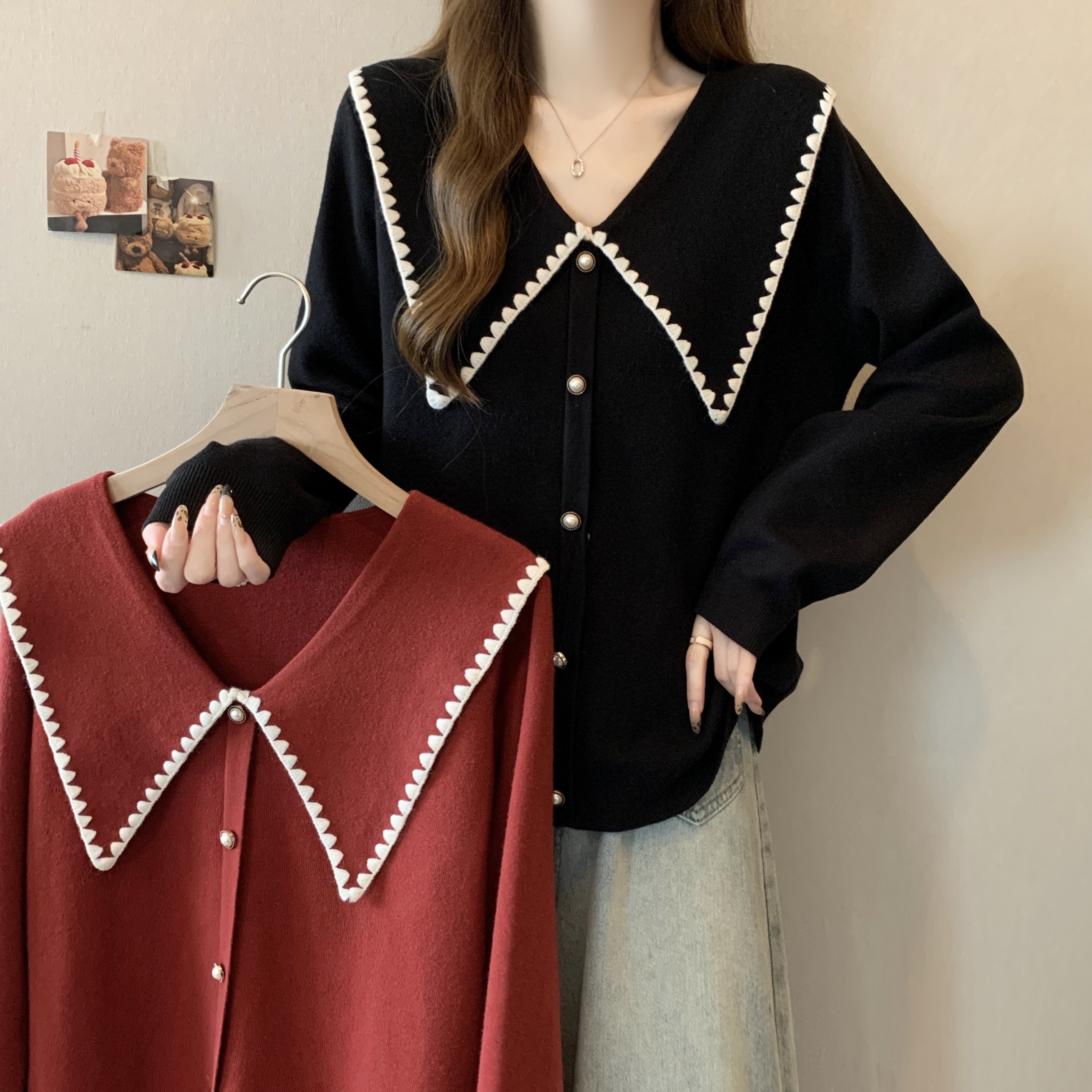 Photographed~ Plus-size MM Large Autumn/Winter Collar-length Long-sleeve Knit Top