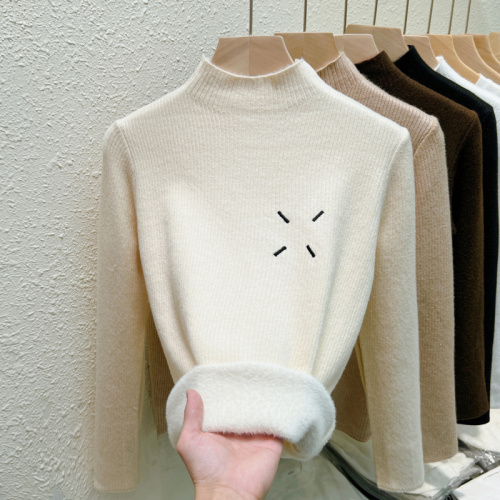Real-shot fleece-lined one-piece sweater for women, 2024 new style, inner layer half-high collar pullover base knitwear, warm top