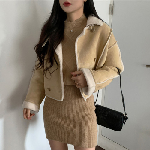 Lamb velvet fur one-piece workwear short coat for women 2024 new small double-breasted warm fur coat large size