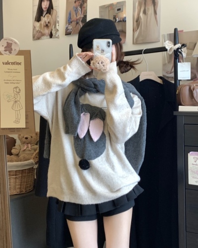 Real shot ~ Casual lazy style long-sleeved round neck three-dimensional rabbit knitted sweater autumn and winter loose slimming top