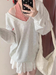 Korean chic small design tops halter neck vest v-neck hooded sweatshirt women's autumn and winter two-piece suit trendy