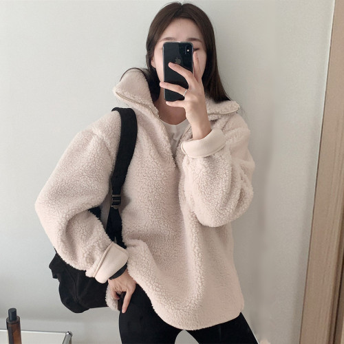 Korean style stand collar pullover thickened small velvet couple coat 2024 winter new small lamb velvet zipper shirt for students