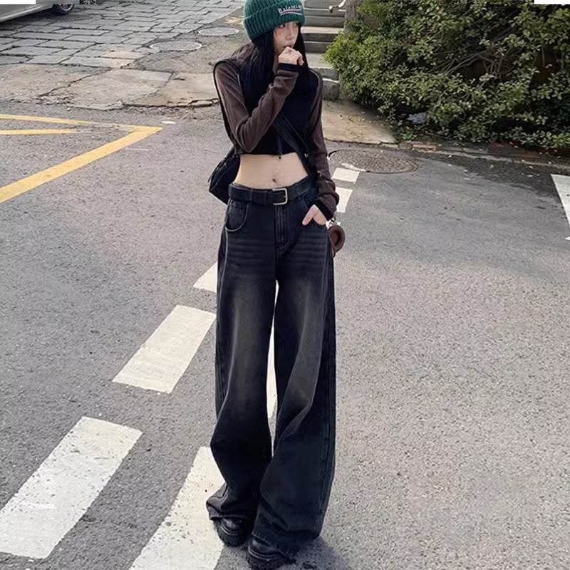 Black and gray wide-leg jeans for plus-size women with pear-shaped bodies and fat mm to wear high-waisted pants to look slimmer