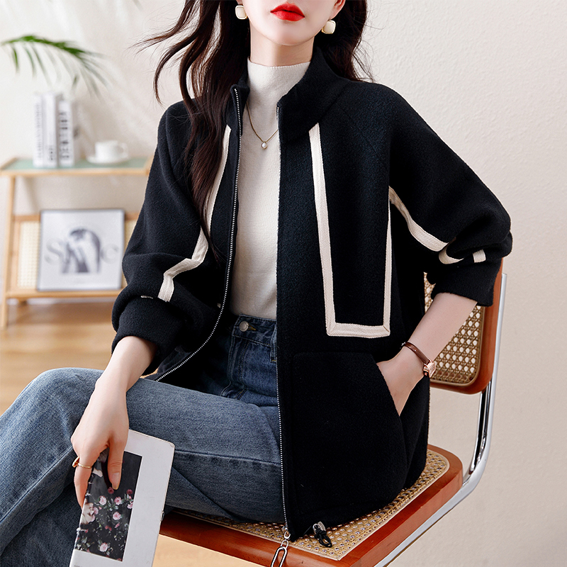 Actual shot of 2024 autumn and winter plus size women's double-sided cashmere splicing western-style age-reducing casual stand-up collar woolen jacket