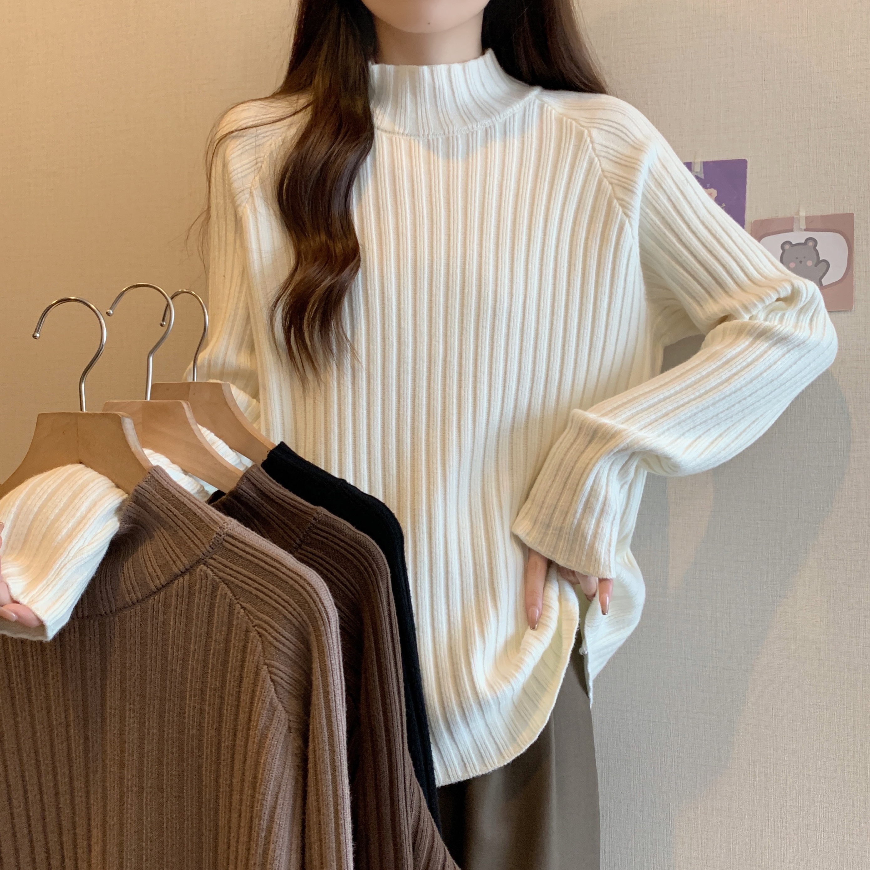 Shot~ Fat MM Large Size Thick Half High Collar Sweater Loose Base Shirt Inner Knit Top Long Sleeve Updressing