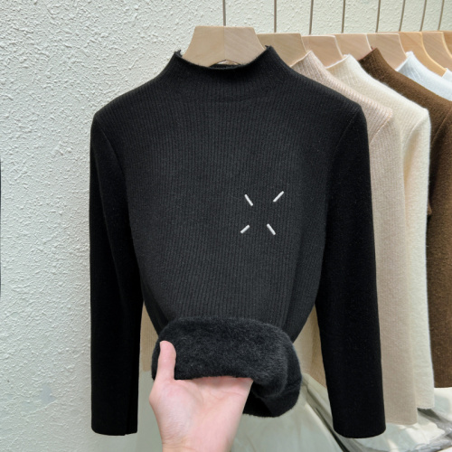 Real-shot fleece-lined one-piece sweater for women, 2024 new style, inner layer half-high collar pullover base knitwear, warm top