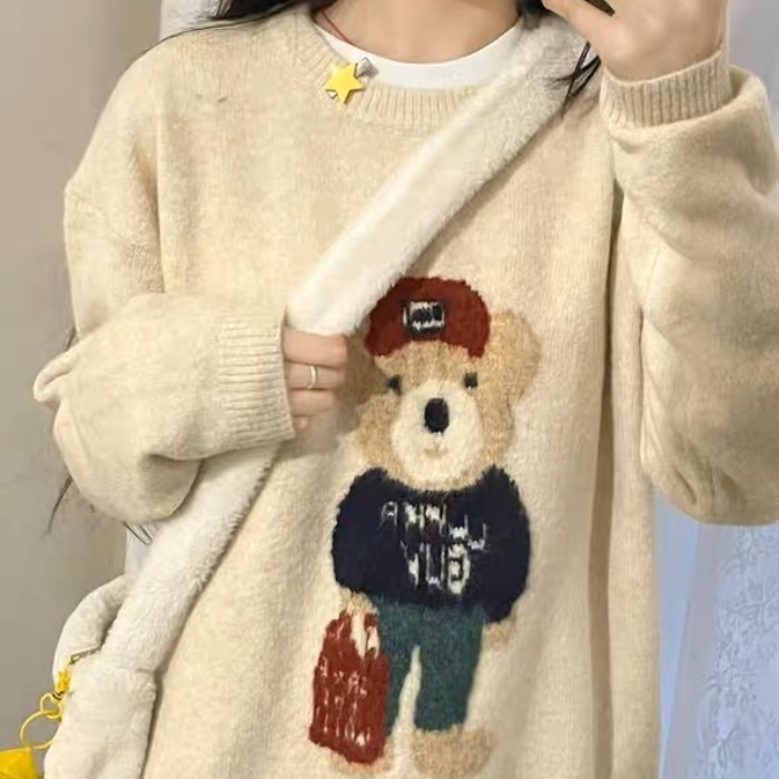 Thickened version of lazy style cartoon bear pullover sweater for women autumn and winter loose student long-sleeved sweater top trendy