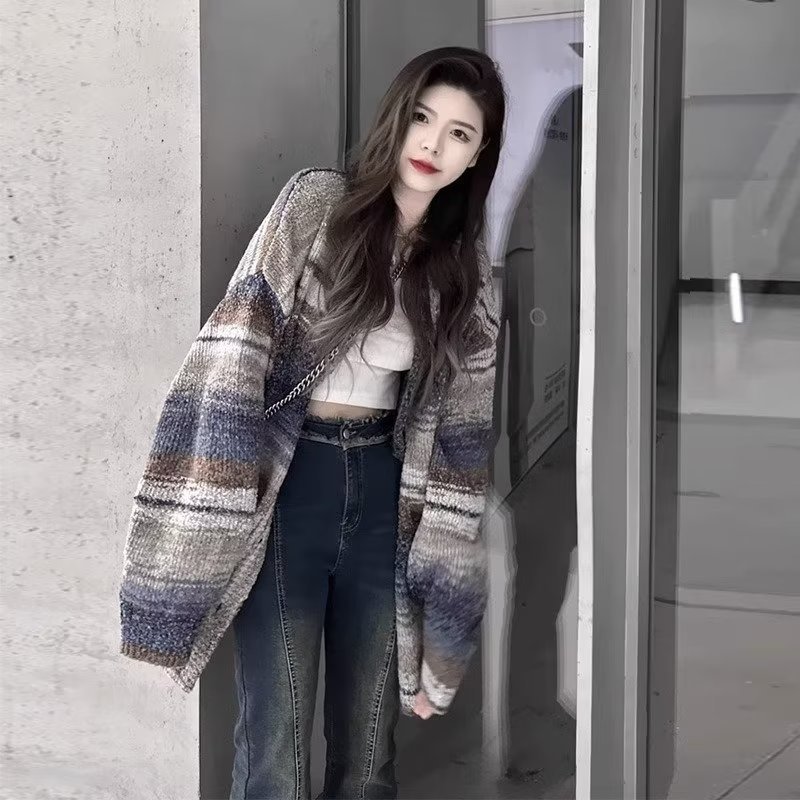 Japanese lazy style retro striped sweater cardigan women's spring and autumn new hot style soft waxy knitted jacket winter