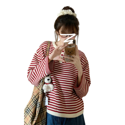 Lazy Feeling Red Striped Color Block Knit Top Autumn Outfit Loose Women's Sweater 2024 New Arrival