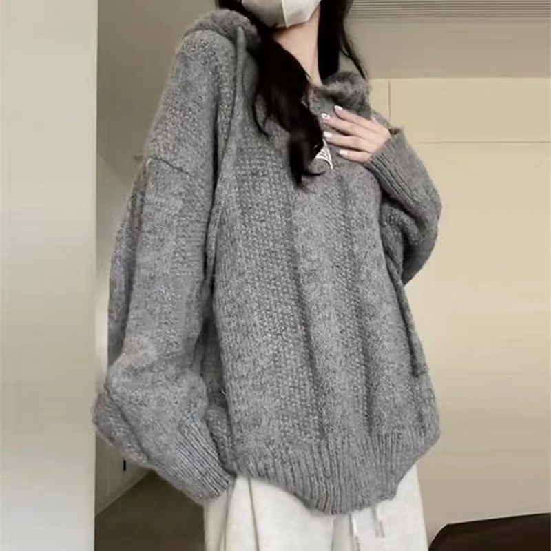 New autumn and winter pullover hooded sweater for women Korean style loose and lazy style knitted sweater solid color top for outer wear