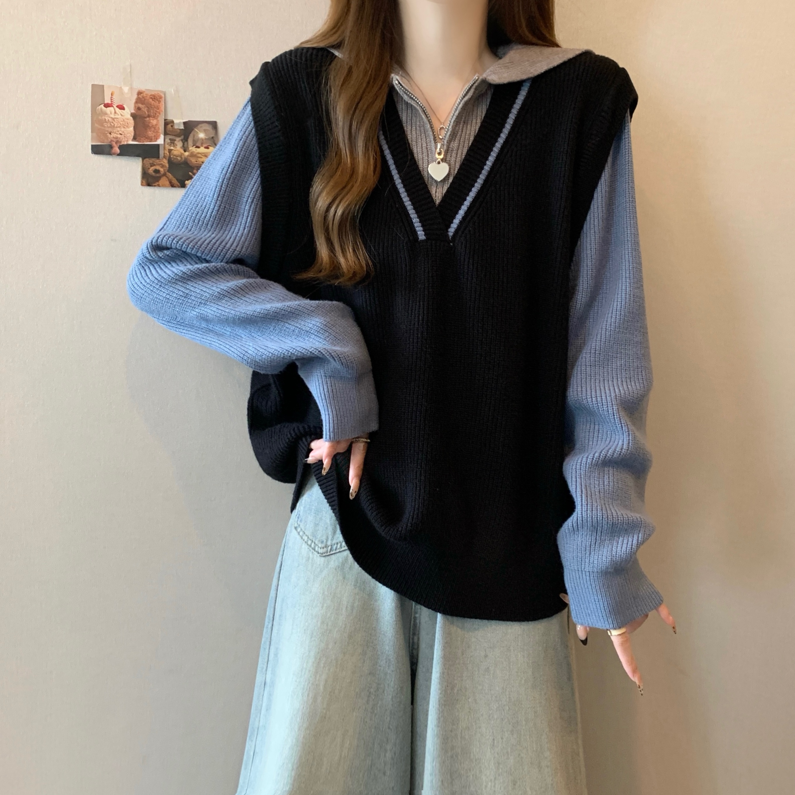 Photographed~ Plus-size oversized color-blocking turtleneck pseudo-sweater top sweater