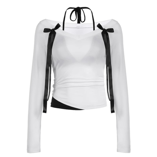 40 count pure cotton bow halter fake two-piece spliced ​​V-neck long-sleeved T-shirt bottoming top