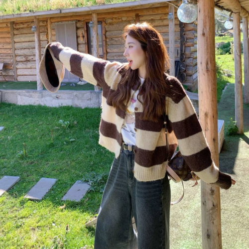 Two-color lazy striped sweater cardigan loose versatile short coat