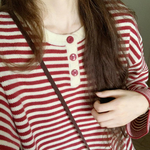 Lazy Feeling Red Striped Color Block Knit Top Autumn Outfit Loose Women's Sweater 2024 New Arrival