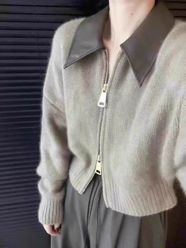 This year's popular design stitching leather collar double zipper sweater women's autumn and winter new chic top jacket