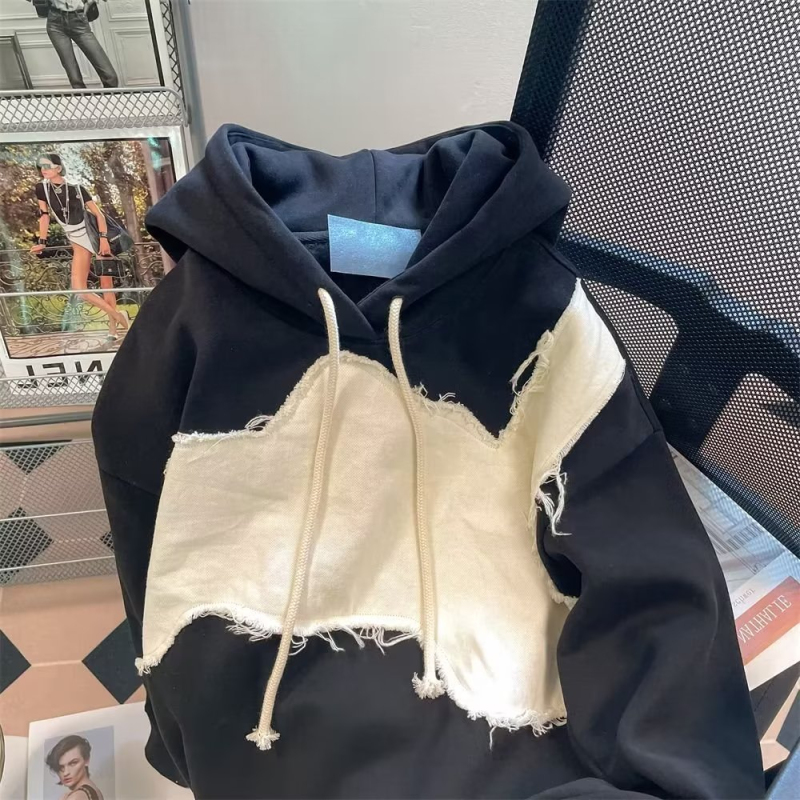 National trend contrast color long-sleeved patchwork sweatshirt trendy women's autumn loose American Hong Kong style hooded top versatile jacket