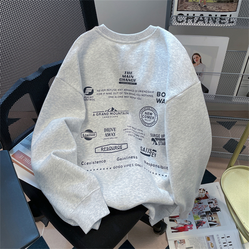 New autumn and winter thin plus velvet loose lazy style chic round neck sweatshirt