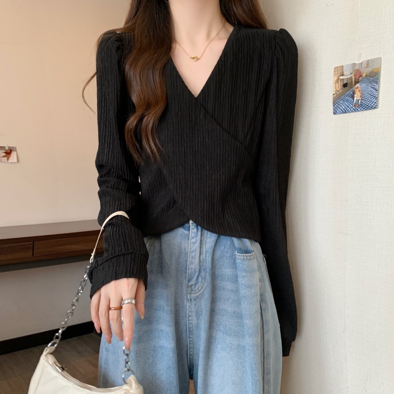 Plus size women's 2024 autumn new Korean style long-sleeved tops irregular shoulder cross bottoming shirt