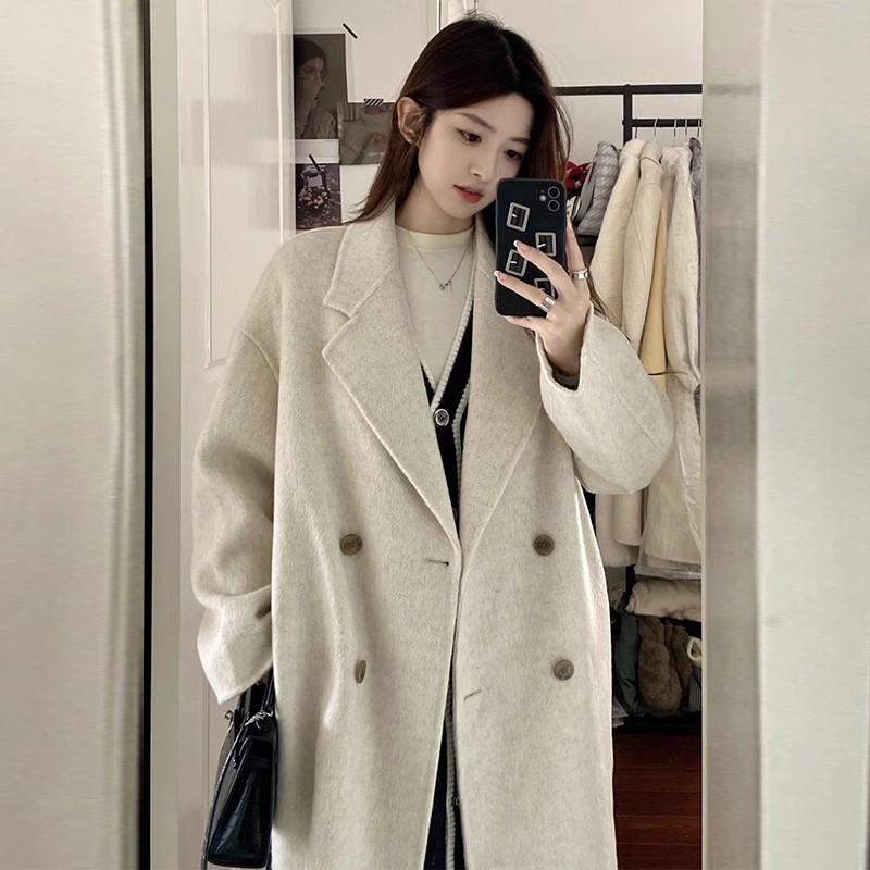 Oatmeal double-sided cashmere wool coat women's mid-length 2024 autumn and winter Korean version new Hepburn style woolen coat