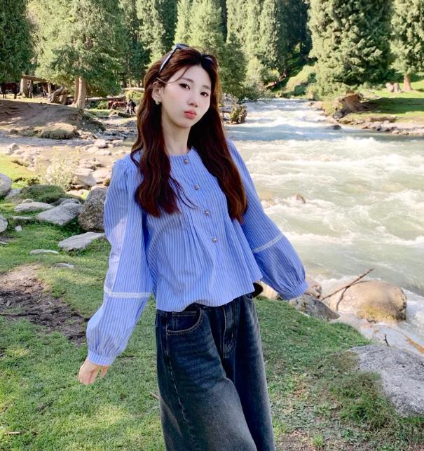 Blue Striped Puff Sleeve Shirt Women's Korean Casual Short Top