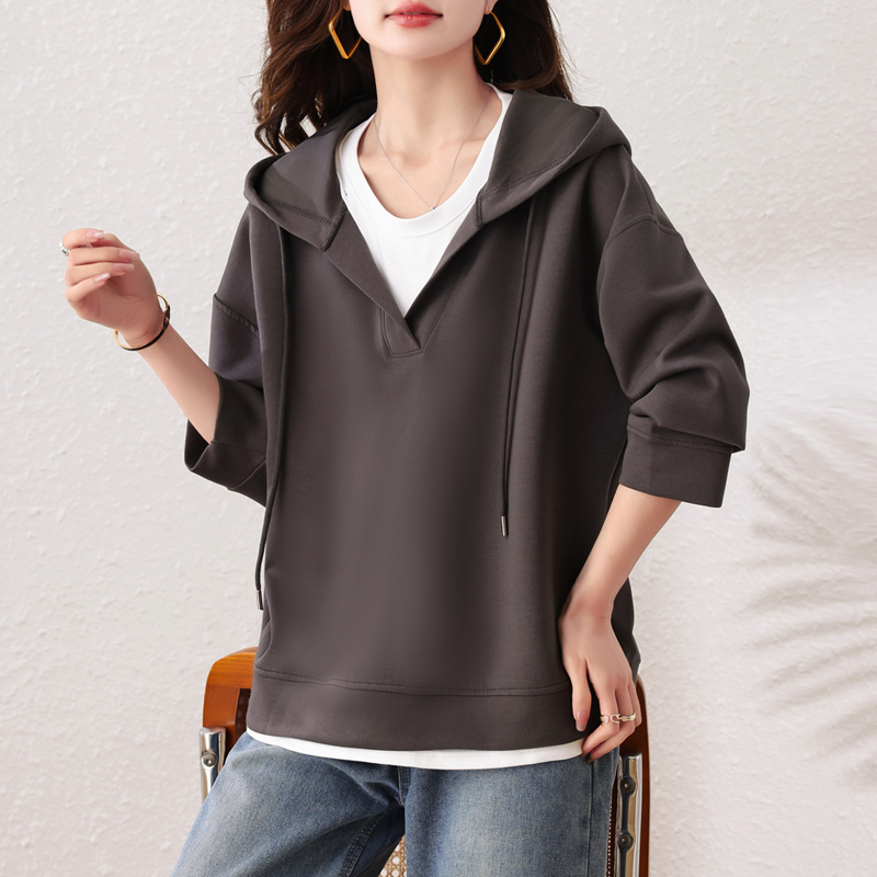 2024 Autumn/Winter New Fashion Minimalist Pseudo-Double-Sleeve Sweatshirt for Plus-Size Women Loose Hooded Top