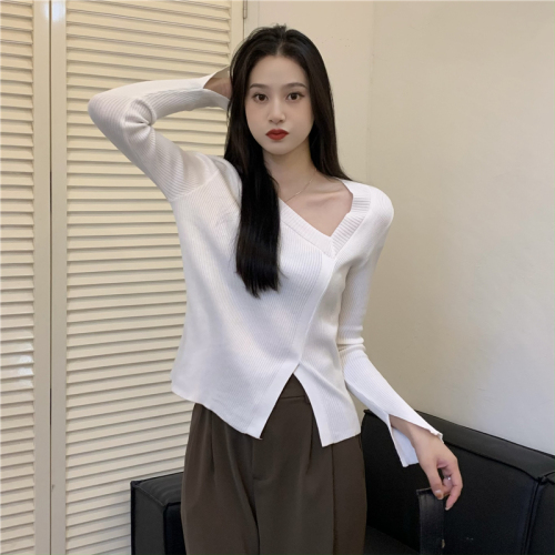 Actual price Irregular slit v-neck sweater autumn and winter sweater with long-sleeved bottoming shirt top