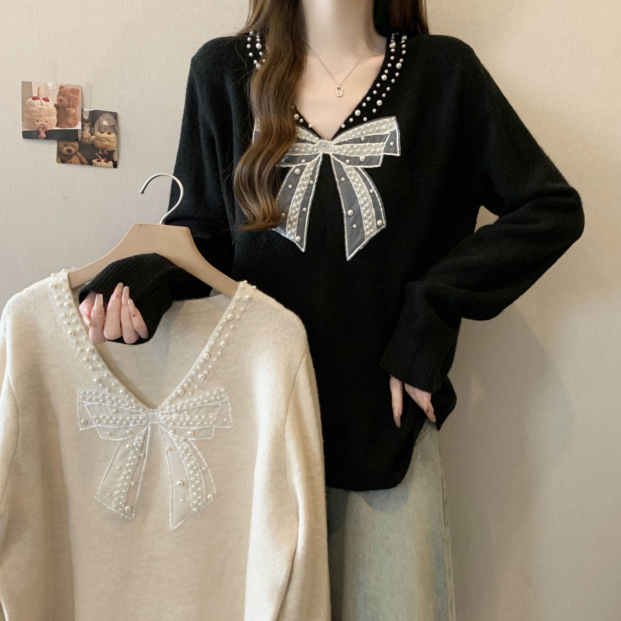Actual shoot~ Plus size V-neck butterfly bow beading design relaxed slimming knitted sweater top