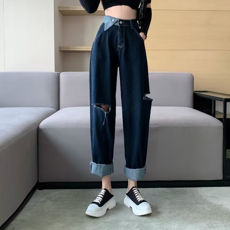 Popular jeans Harajuku trendy spring and autumn Japanese nine-point pants new natural waist simple straight pants ins for women