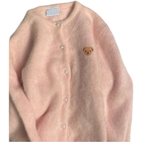 Early autumn raccoon velvet bear embroidery pink knitted cardigan for women autumn soft and gentle sweater jacket outer top